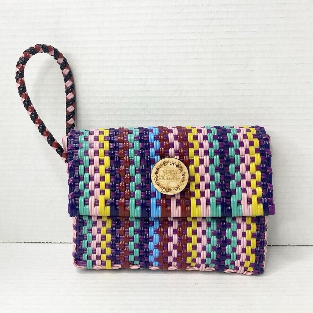 Maria Victoria Handwoven Plastic Straw Wristlet Clutch Multicolor